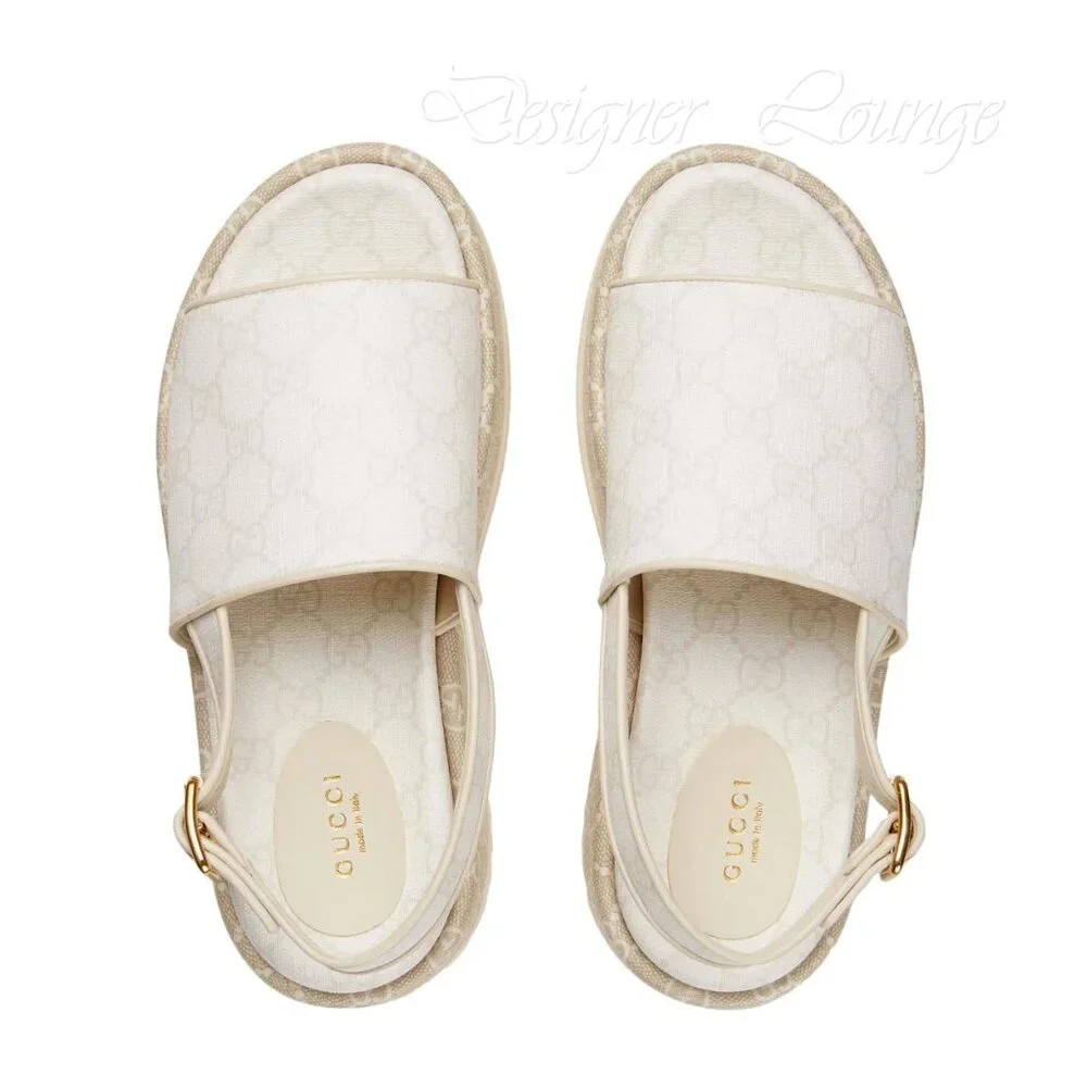 NEW GUCCI Angelina GG White Supreme Canvas Slingback Platform Sandals EU 40.5